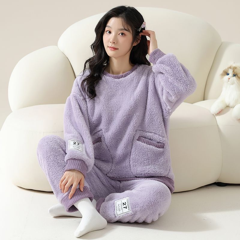 珊瑚绒睡衣女冬季加绒加厚保暖法兰绒简约纯色家居服女秋冬款套装