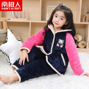 南极人儿童睡衣三层夹棉加厚款男童女童法兰绒小孩带帽珊瑚绒套装