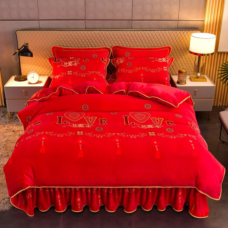 高克重牛奶绒四件套婚庆喜庆保暖加厚大红床品套件柔软细腻被套