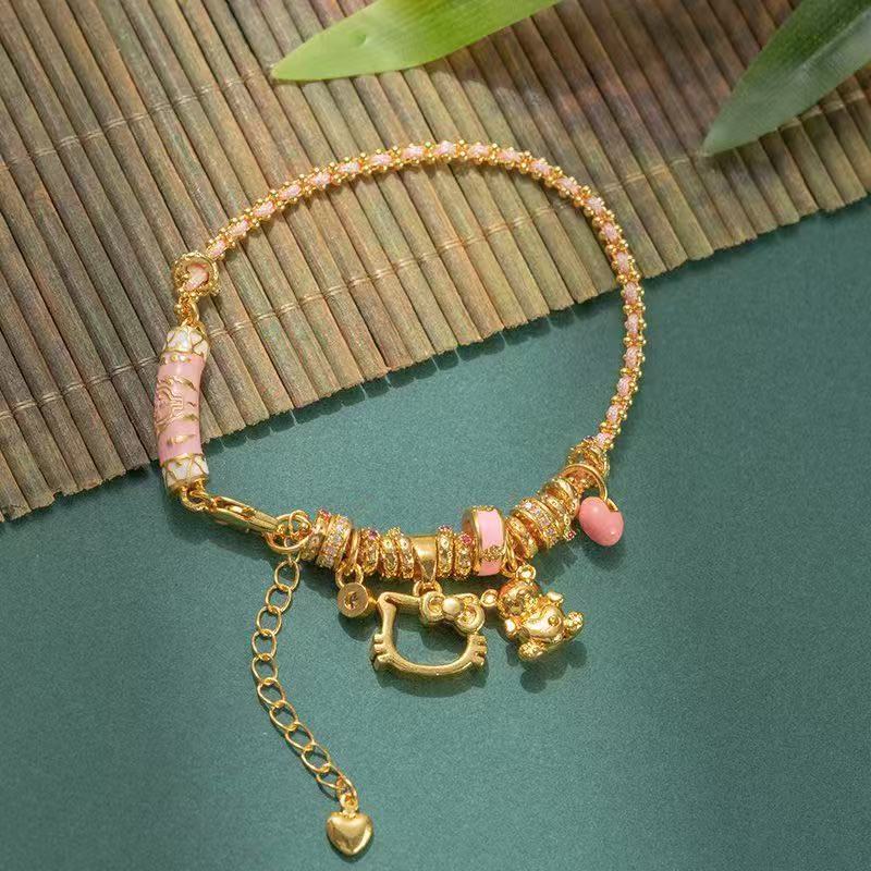 金店同款卡通猫镀金粉色弯管凯蒂猫爱心手链五条经盘缠转运珠手串