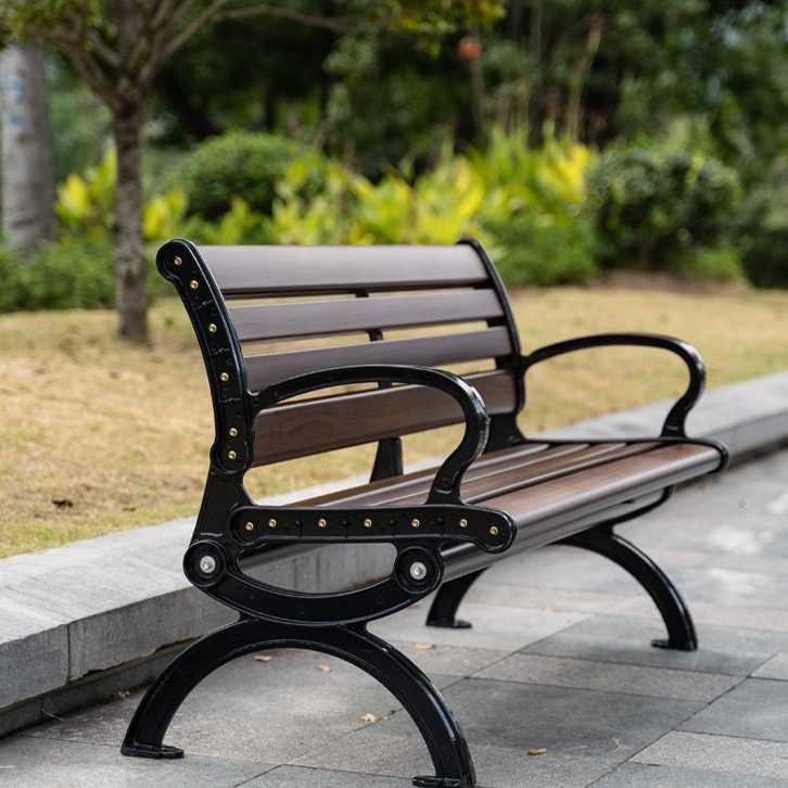 户外公园长椅金属防腐实木庭院室外带扶手靠背椅休闲简约结实长凳