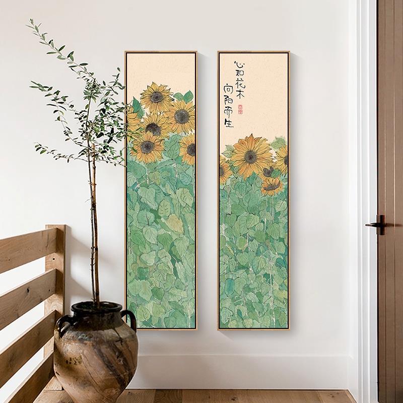 网日红长条新中式向馨饭厅玄关温装饰卉画植物花户葵饭厅挂画入两