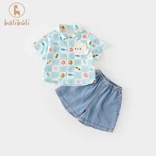 男童夏装套装2025新款洋气男宝宝衬衫牛仔短裤夏季衣服分体两件套