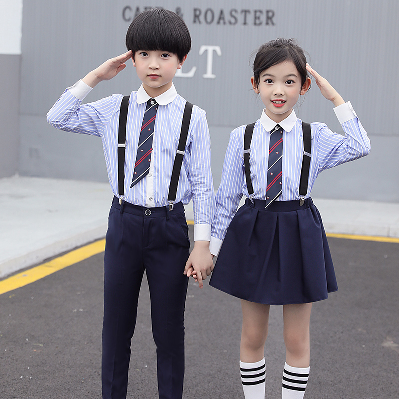 元旦男女幼儿园朗诵小学生背带裤套装大合唱演出服装儿童表演校服