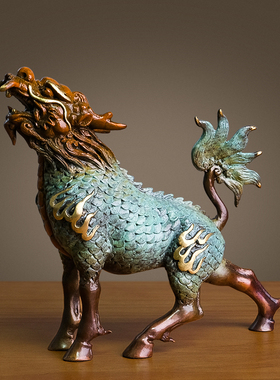 铜金岁月风火小麒麟摆件客厅装饰黄铜铜雕工艺品办公室桌面博古架