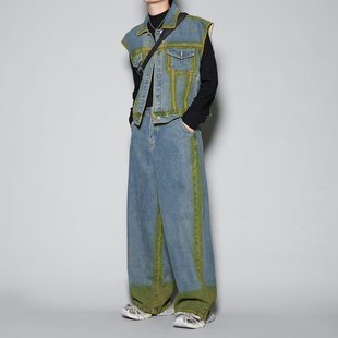 套装 时尚 外搭背心阔腿牛仔裤 复古水洗渐层无袖 喷漆设计感外 街拍款