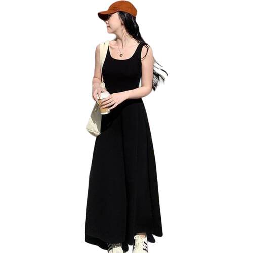 流岚星时尚U领女垂感修身显瘦气质无袖背心裙长裙吊带连衣裙