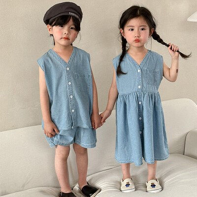 儿童夏季牛仔套装男童2024新款夏装休闲宝宝女童背心连衣裙兄妹装
