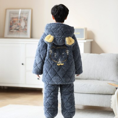 2023冬季男童儿童睡衣法兰绒中长款三层夹棉加厚男孩中大童家居服