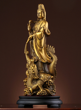 乘龙观音菩萨佛像供奉家用居家客厅大号中式装饰纯铜观世音摆件