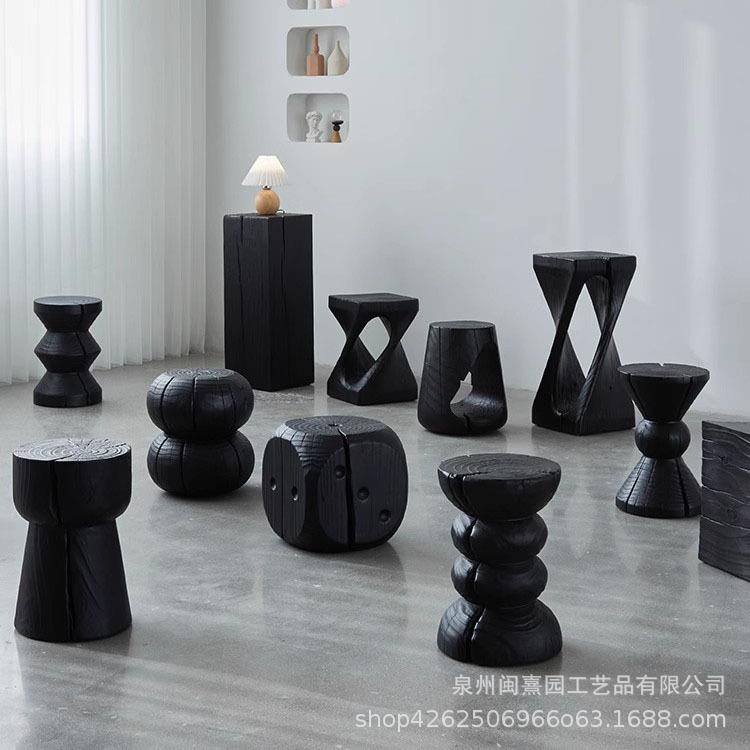 木墩子实木树桩底座摆件角几诧寂风原木木雕木桩边几碳化黑色凳子