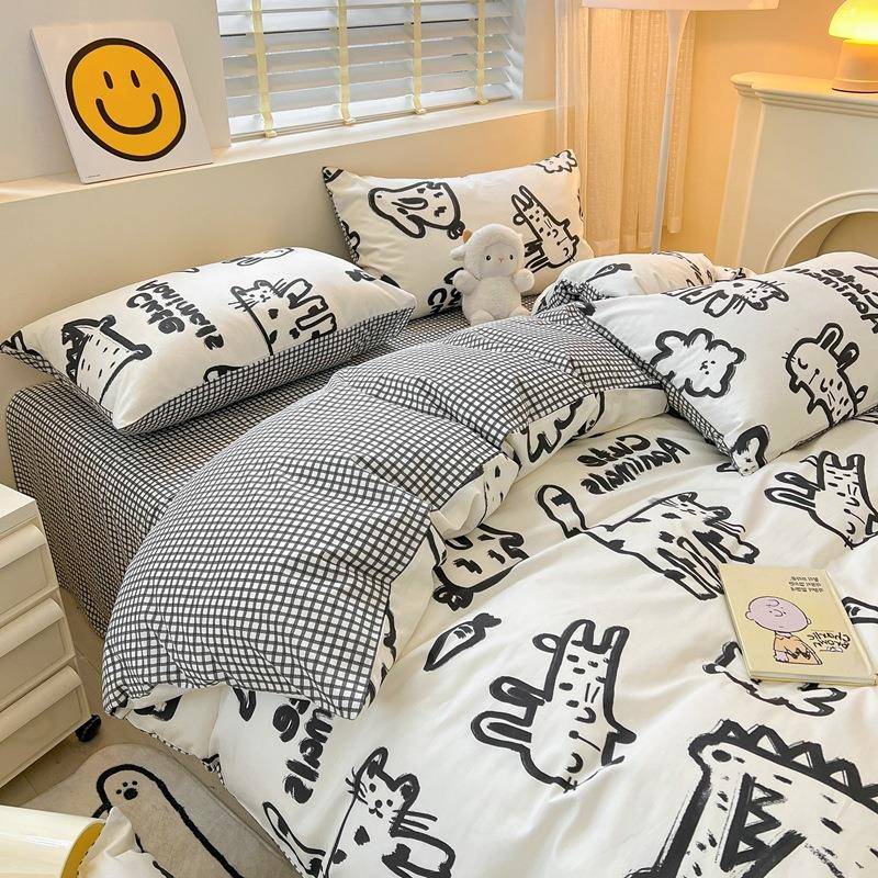 卡通纯棉全棉简约风四件套单双人学生宿舍单被套被罩床笠款三套件