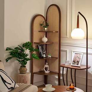 新中式转角柜置物架客厅卧室阳台三角柜藤编书架落地花架拐角架子