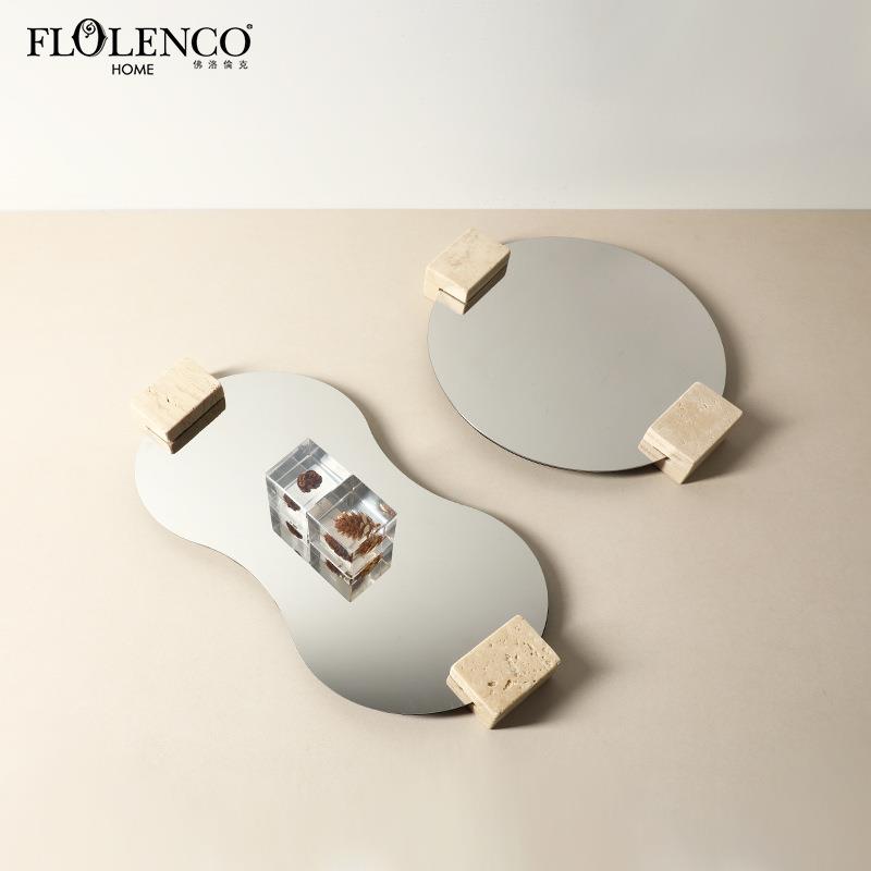 现代简约创意洞石金属镜面托盘别墅客厅茶几餐桌高级感收纳盘摆件