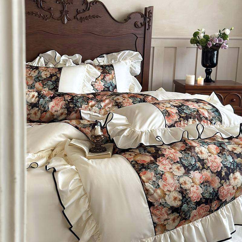 法式油画复古风100S长绒棉四件套花朵印花纯棉荷叶边被套床上用品