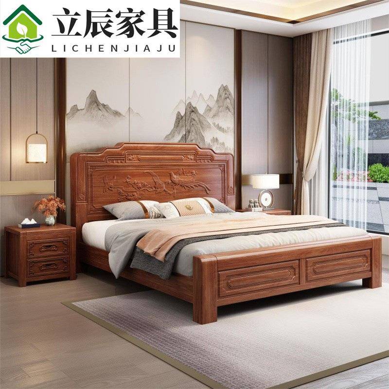 金花梨木全实木床1.8米1.5米双人仿古雕花主卧大床中式菠萝格QDF