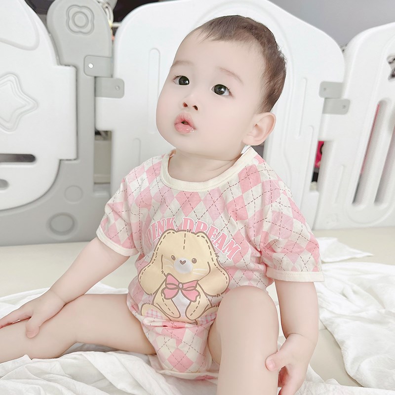 婴儿新生儿薄款短袖包屁衣女宝宝男小童2025新款纯棉连体衣爬服夏