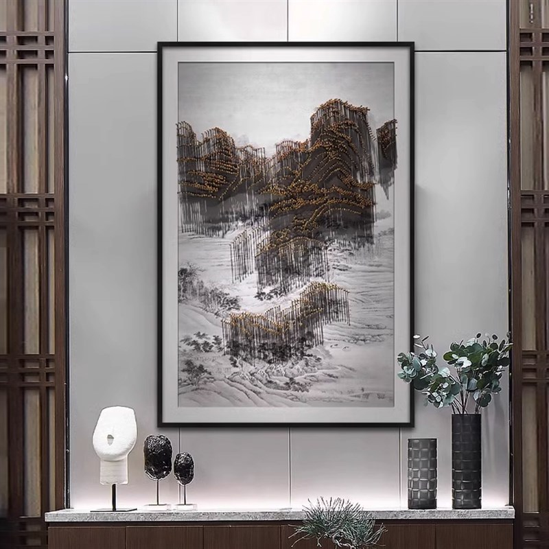 新中式玄关客厅背景风景装饰画别墅酒店手工实物立体钉子竖版挂画图片