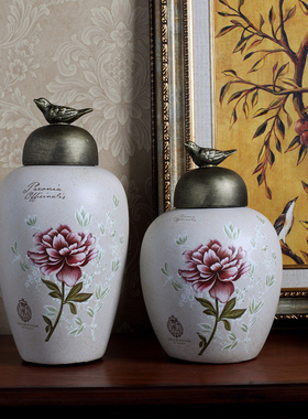 美式乡村花鸟陶瓷储物罐家居软装饰品客厅玄关酒柜样板间摆件欧式