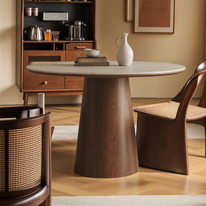 洞石岩板小圆桌家用小户型餐厅实木圆形餐桌复古风黑胡桃木圆餐桌