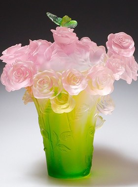 琉璃艺术品蝴蝶玫瑰花瓶客厅餐桌插花装饰品摆件轻奢高级乔迁礼物