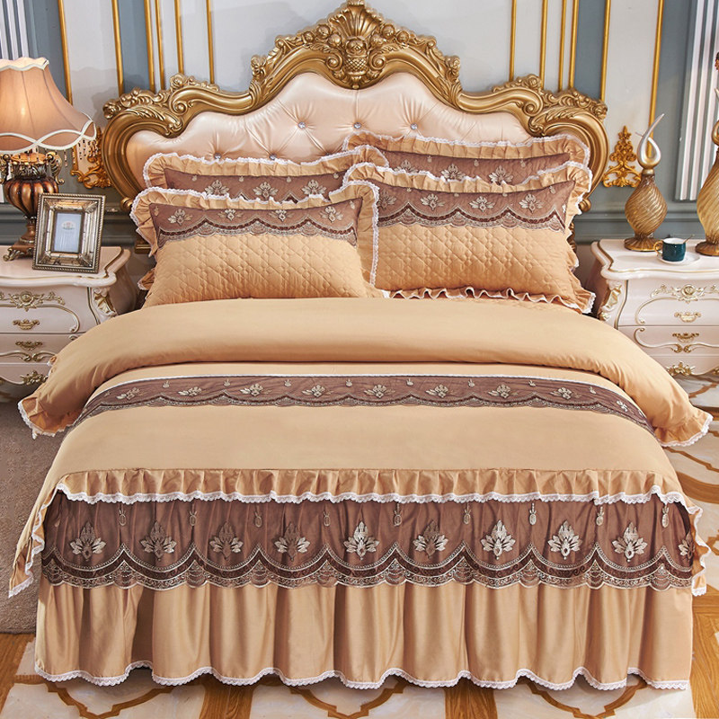 欧式全棉夹棉加厚床裙款四件套蕾丝床罩式纯棉荷叶边被套床上用品