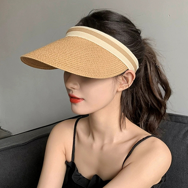 拉菲草编空顶帽女士夏季显脸小防晒草帽发箍遮阳防紫外线太阳帽子