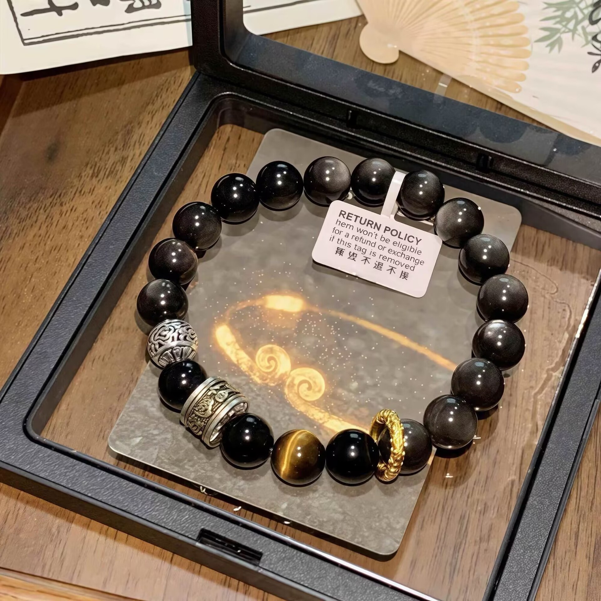 天然银耀石手链男女情侣手串生日礼物黑曜石真言六字箴言高级