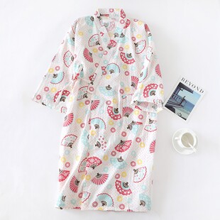 家居服薄 浴袍7分袖 2020春夏秋日式 和服睡袍女纯棉纱樱花折扇开衫