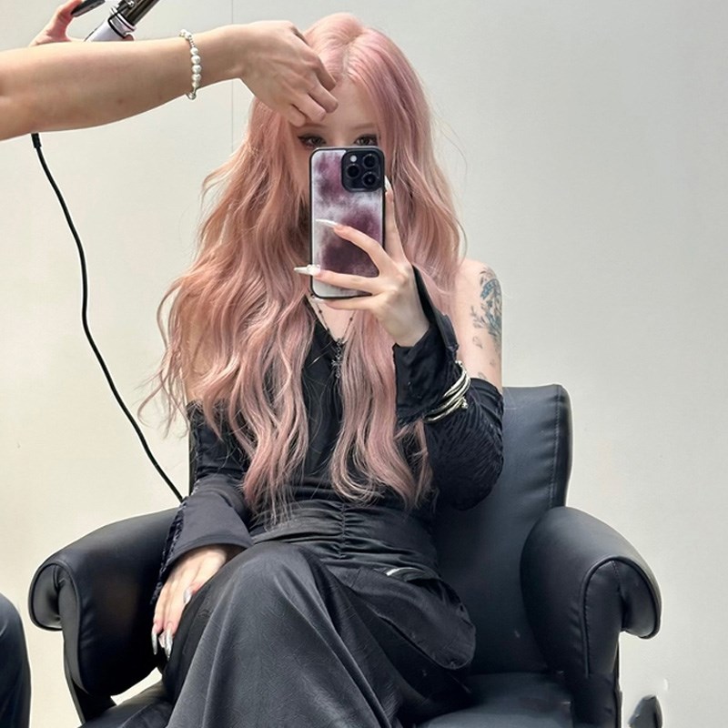 粉色手勾蕾丝假发cos吴慧拉全头套女万用中分长卷发大波浪lolita