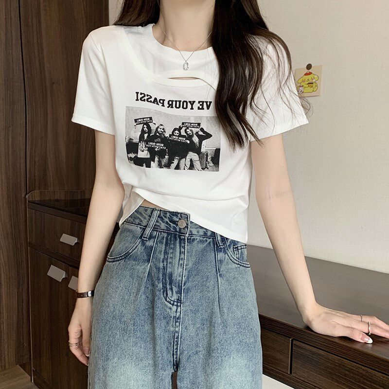 夏季露脐短袖t恤女背带裤里面穿的衣服搭配高腰阔腿裤牛仔裙上衣