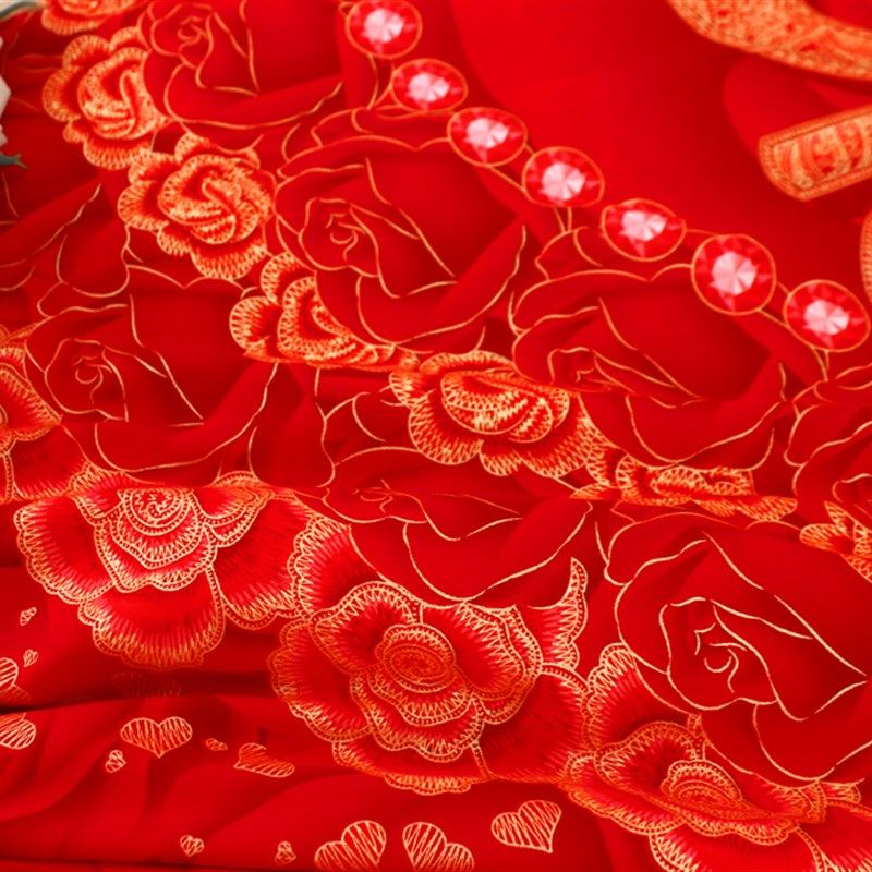 婚庆大红色全棉结婚床品圆床四件套爱心喜字圆被套圆床罩圆形床裙