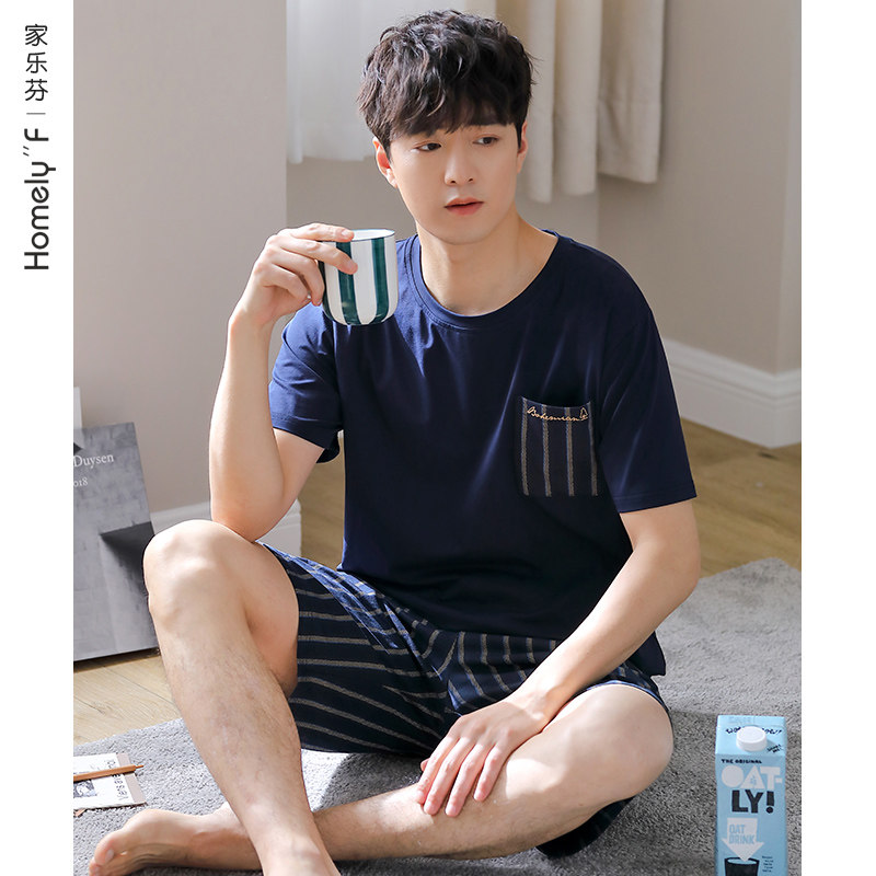 睡衣男士夏季纯棉短袖短裤家居服男款夏天薄款全棉休闲加大码套装