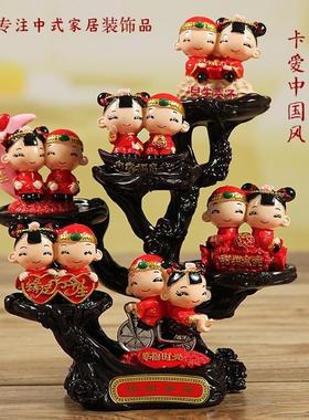 中式婚庆娃娃套装树脂小木桩工艺品情侣七夕礼品家居婚房布置摆件