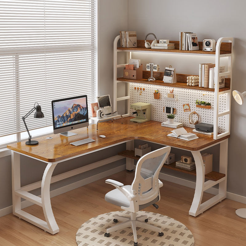 实木电脑桌台式家用卧室洞洞板电竞桌转角书架一体桌子学习桌书桌