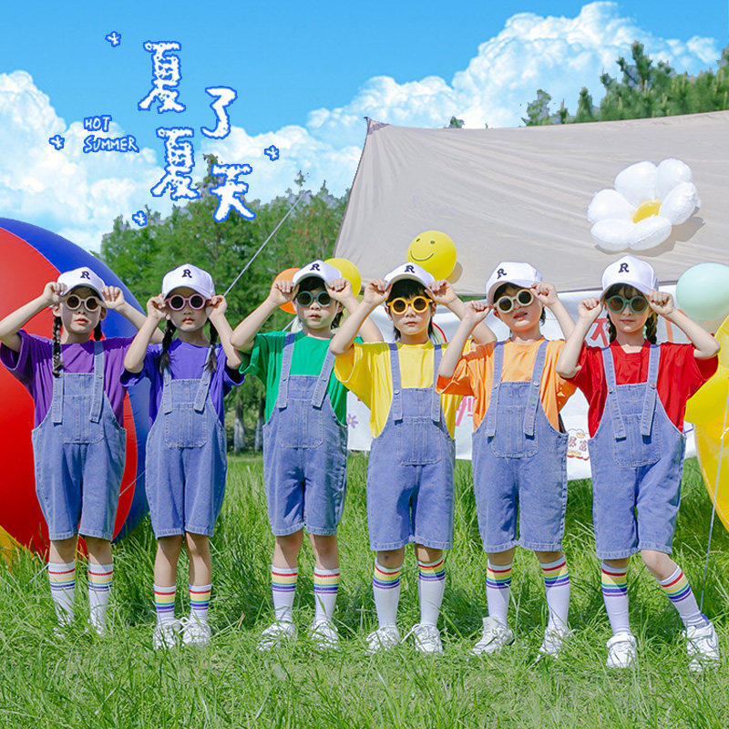 儿童啦啦队演出服多巴胺背带裤套装男童女童新款表演服运动会服装