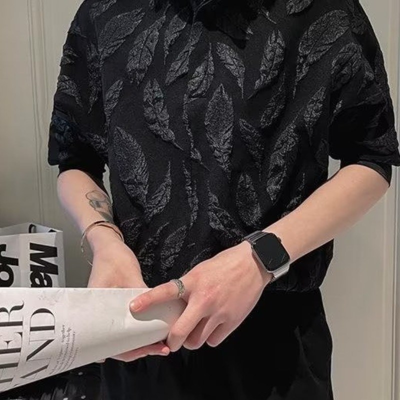 2023轻熟风衬衫时尚套装短袖衬衣提花五分袖搭配polo衫九分西裤男