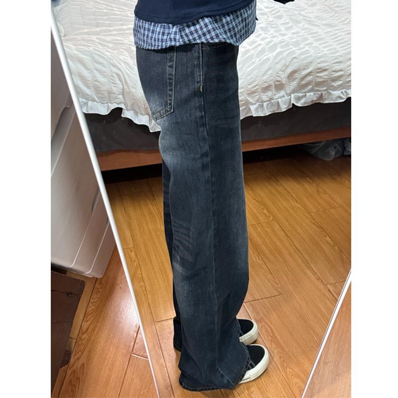 蓝灰色微喇直筒牛仔裤女春季新款胖mm梨形身材复宽松显瘦阔腿裤子