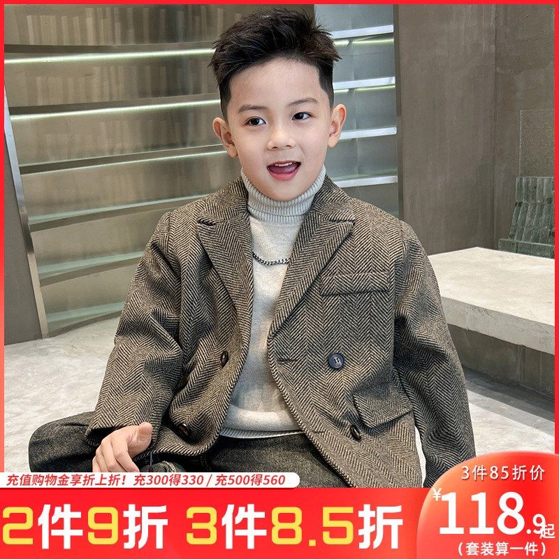 男童冬装呢子外套西装毛呢大衣2025新款儿童中长款夹棉加厚中大童
