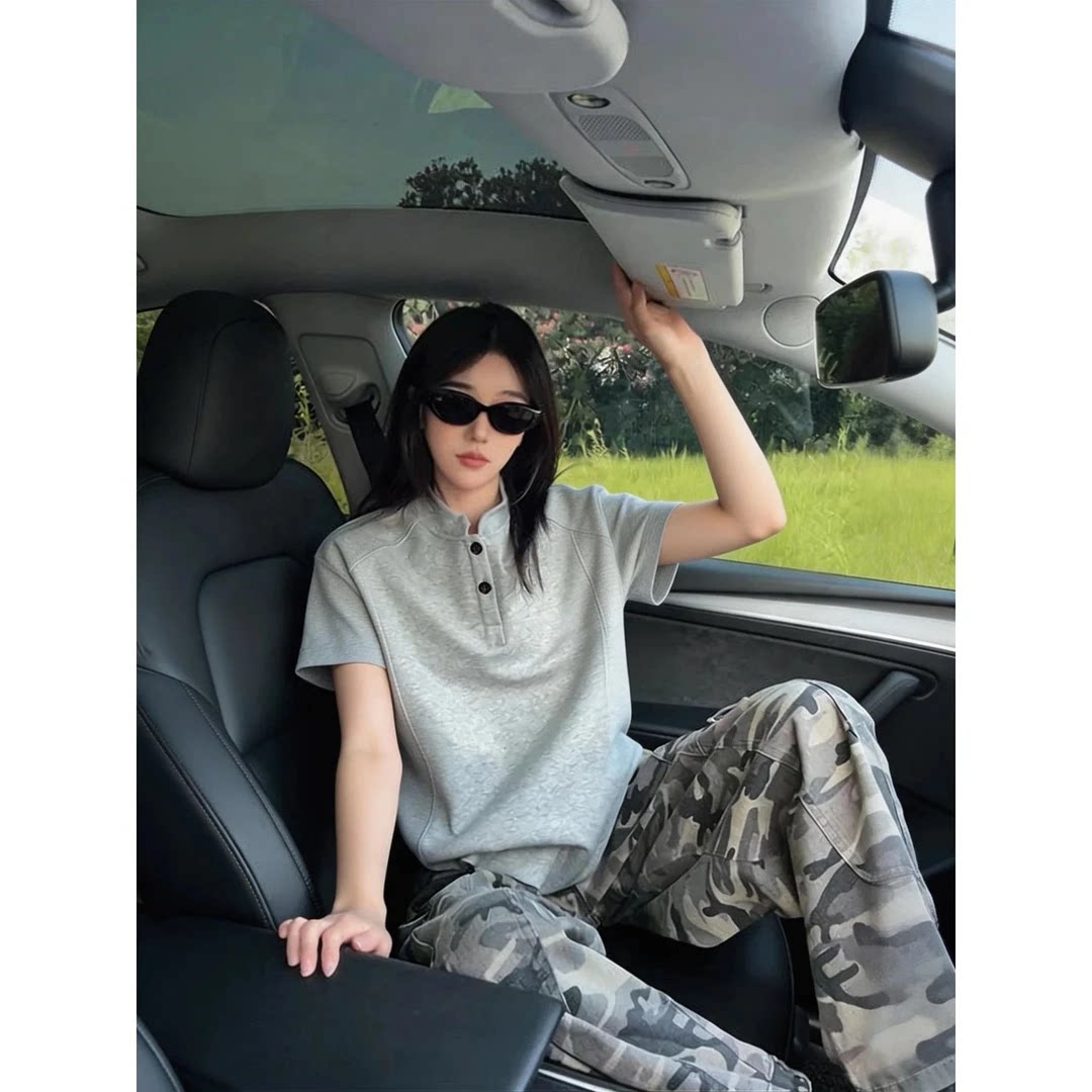 美式复古重磅解构亨利领T恤男款夏季短袖正肩polo衫上衣JL