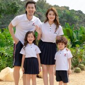 亲子装 四口全家装 春装 潮百折裙母女装 班服 一家三口2023新款 POLO衫