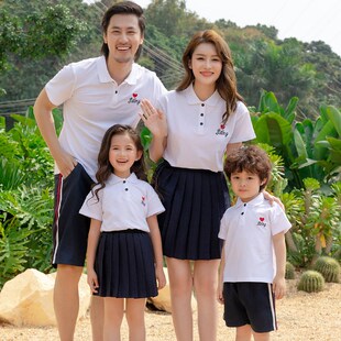 POLO衫亲子装春装一家三口2023新款潮百折裙母女装四口全家装班服