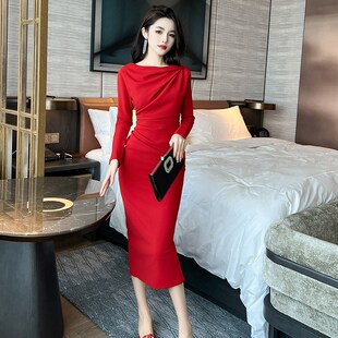 气质名媛职业连衣裙清纯温柔富家千金感秋天长袖包臀性感粉色裙子