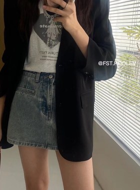 FST 黑色西装外套女秋季新款复古宽松高级感格纹休闲卡绿西服上衣