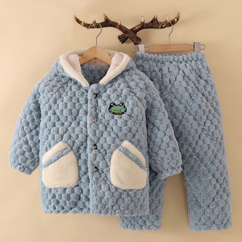 冬季儿童睡衣男童冬天加绒加厚款男孩中长版三层夹棉宝宝发热衣裤