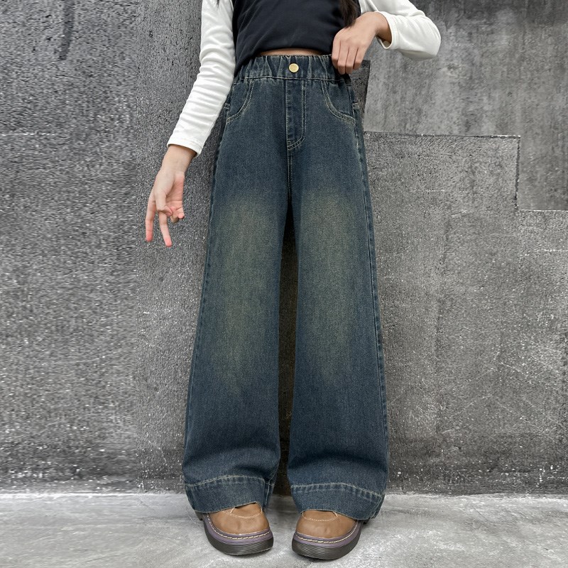 女童加绒裤子秋冬2024新款冬装女孩洋气秋冬季加厚阔腿儿童牛仔裤