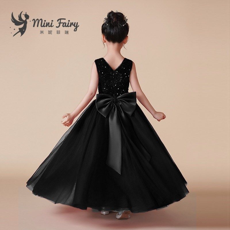 女童高端亮片晚礼服黑色合唱指挥服钢琴演出服长款网纱蓬蓬裙定制