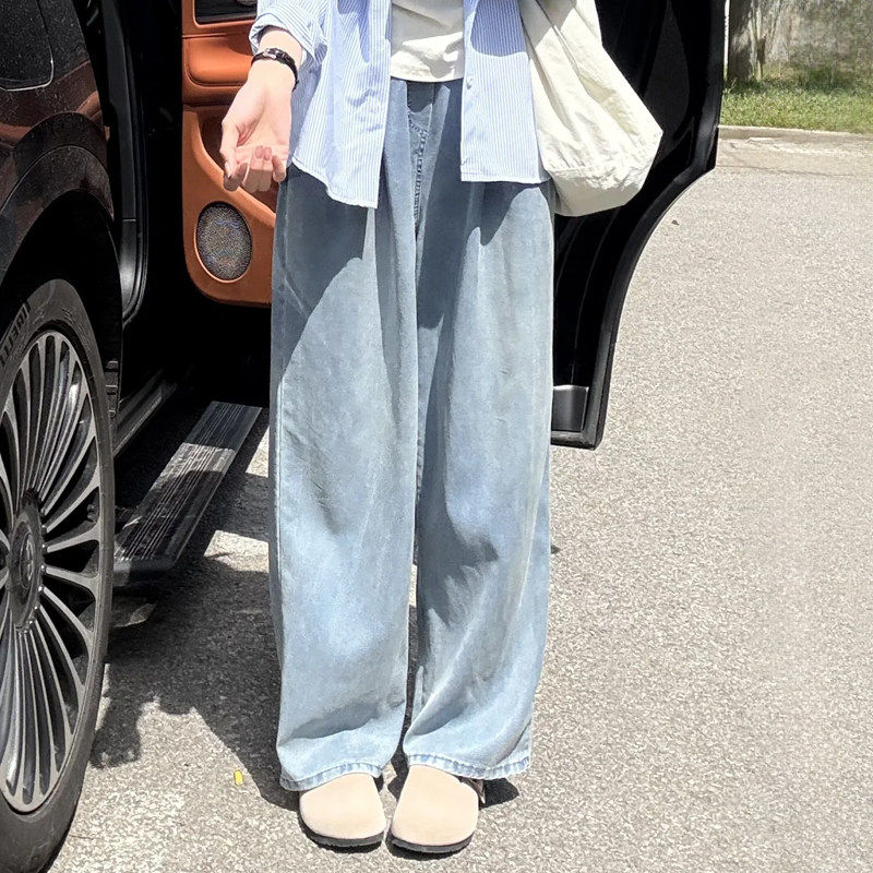 天丝牛仔裤女夏季薄款胖妹妹显瘦梨型身材松紧腰垂感直筒阔腿长裤