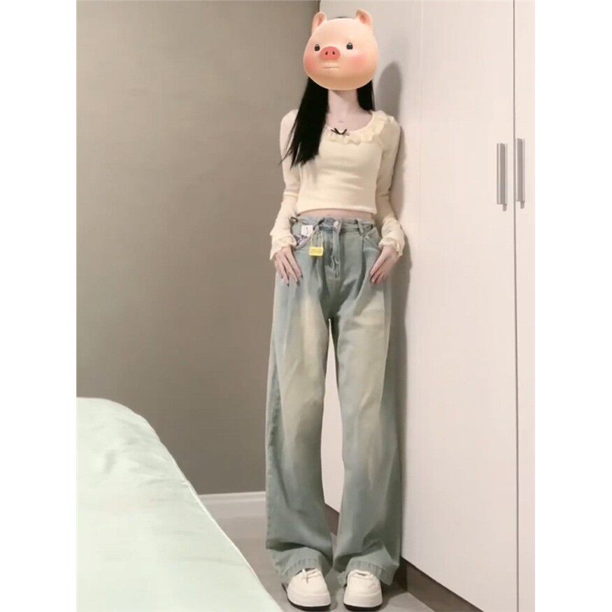 美式浅色阔腿牛仔裤女春秋季2025新款小个子高腰显瘦宽松直筒长裤