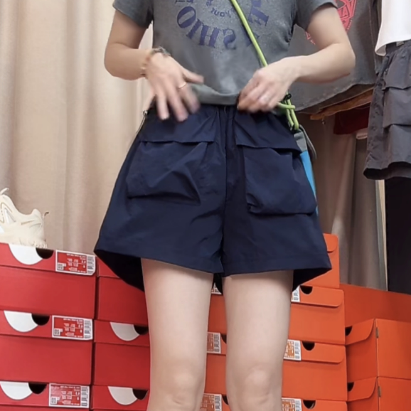 美式速干工装短裤女夏季高腰抽绳大口袋a字藏青色外穿阔腿五分裤